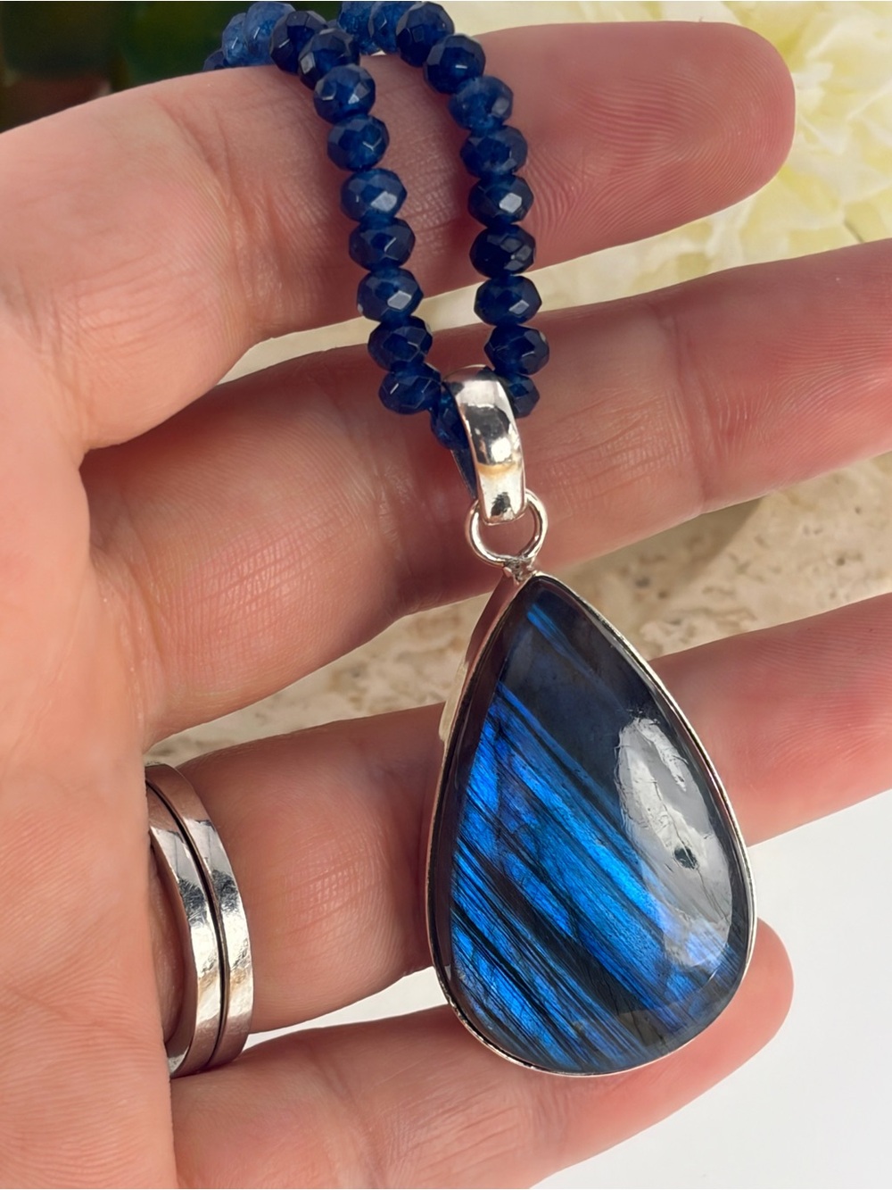 Pure Sterling Silver 925 Chunky Blue Labradorite Pendant Sapphire Necklace New - Picture 5 of 12